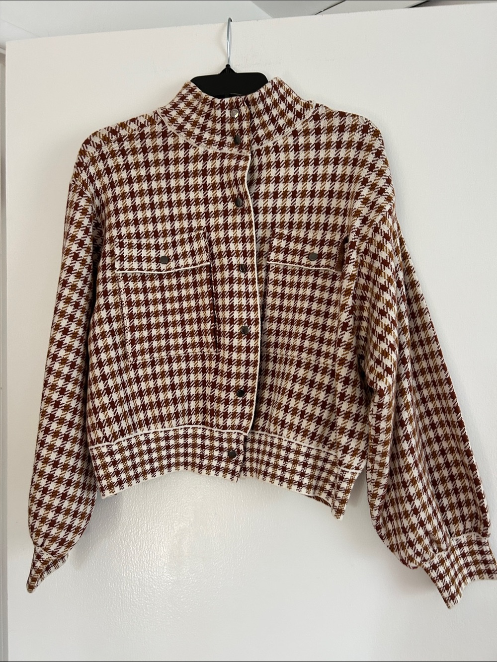 Marled Brown & Cream Houndstooth Zip Jacket
